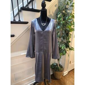 H&M Sheath Dress M Gunmetal High Sheen Deep V-Neck Raglan Bell Sleeve Casual